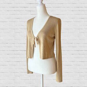 Icone Cropped Ribbed Beige Tie Cardigan